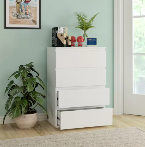 Ladekast met 4 Lades – Witte Houten Dressoir voor Slaap- & Woonkamer
