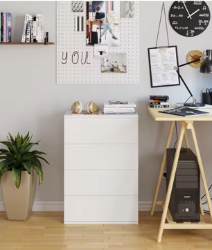 Ladekast met 4 Lades – Witte Houten Dressoir voor Slaap- & Woonkamer