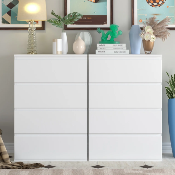 Ladekast met 4 Lades – Witte Houten Dressoir voor Slaap- & Woonkamer