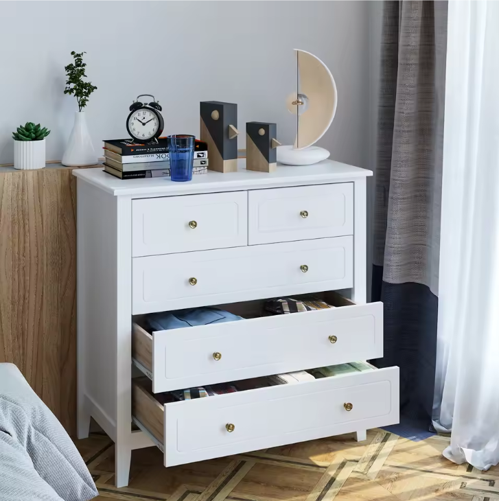 Ladekast met 5 Lades – Witte Houten Dressoir voor Slaap- & Woonkamer