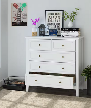 Ladekast met 5 Lades – Witte Houten Dressoir voor Slaap- & Woonkamer