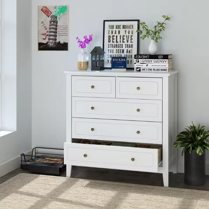 Ladekast met 5 Lades – Witte Houten Dressoir voor Slaap- & Woonkamer