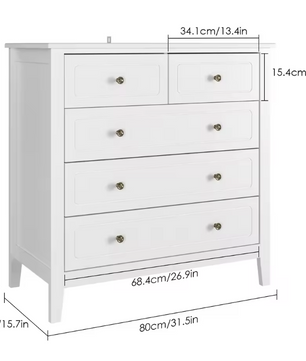 Ladekast met 5 Lades – Witte Houten Dressoir voor Slaap- & Woonkamer