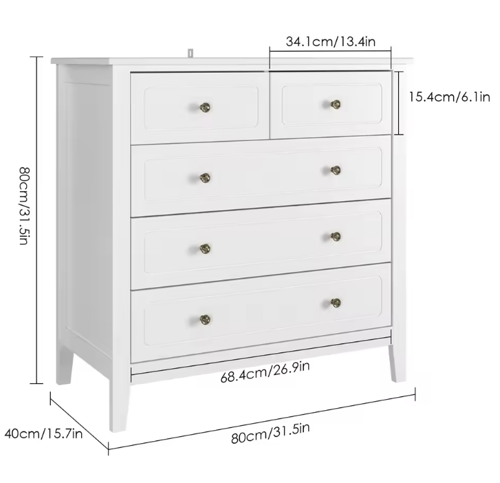 Ladekast met 5 Lades – Witte Houten Dressoir voor Slaap- & Woonkamer