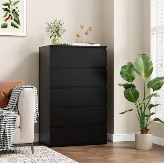 Ladekast met 5 Lades – Zwarte Houten Dressoir voor Slaap- & Woonkamer