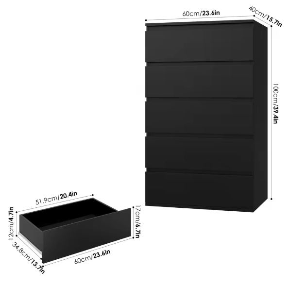 Ladekast met 5 Lades – Zwarte Houten Dressoir voor Slaap- & Woonkamer