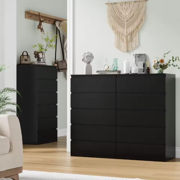 Ladekast met 5 Lades – Zwarte Houten Dressoir voor Slaap- & Woonkamer