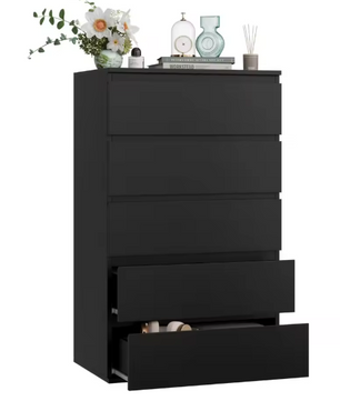 Ladekast met 5 Lades – Zwarte Houten Dressoir voor Slaap- & Woonkamer