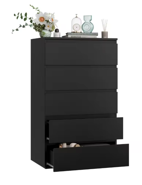 Ladekast met 5 Lades – Zwarte Houten Dressoir voor Slaap- & Woonkamer