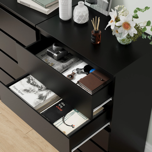Ladekast met 5 Lades – Zwarte Houten Dressoir voor Slaap- & Woonkamer
