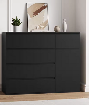 Ladekast met 5 Lades & 1 Deur – Houten Dressoir Wit/Zwart