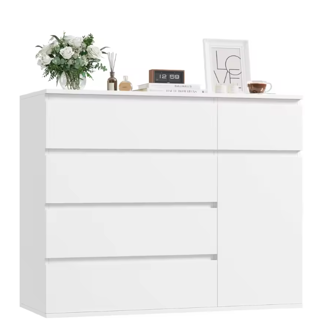 Ladekast met 5 Lades & 1 Deur – Houten Dressoir Wit/Zwart