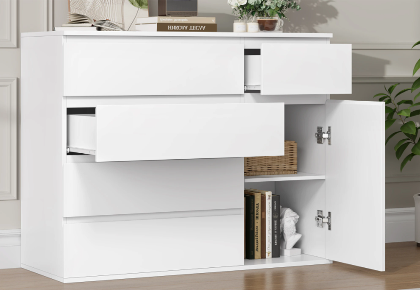 Ladekast met 5 Lades & 1 Deur – Houten Dressoir Wit/Zwart