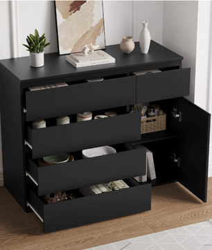 Ladekast met 5 Lades & 1 Deur – Houten Dressoir Wit/Zwart