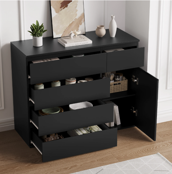 Ladekast met 5 Lades & 1 Deur – Houten Dressoir Wit/Zwart