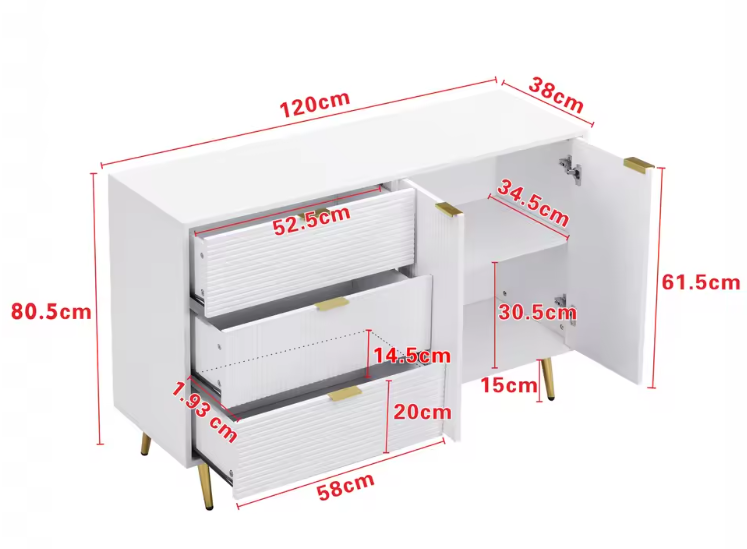 Dressoir met 3 Lades & 2 Deuren – Modern Sideboard met Gouden Poten