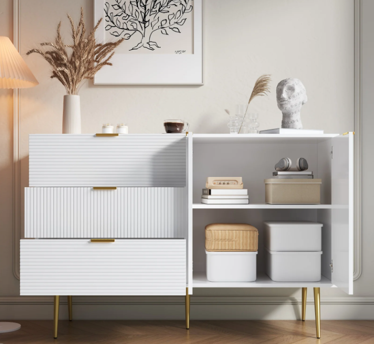 Dressoir met 3 Lades & 2 Deuren – Modern Sideboard met Gouden Poten