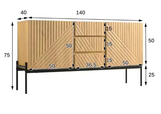 Dressoir met 2 Deuren & 3 Lades – Modern Sideboard met Metalen Poten 140×40×75 cm