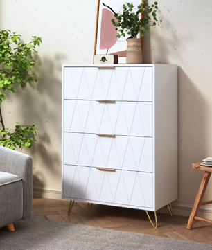 Moderne Ladekast met 4–6 Lades – Witte Dressoir met Gouden Handgrepen & Metalen Poten