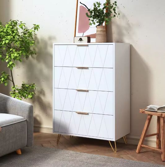 Moderne Ladekast met 4–6 Lades – Witte Dressoir met Gouden Handgrepen & Metalen Poten