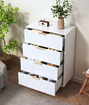 Moderne Ladekast met 4–6 Lades – Witte Dressoir met Gouden Handgrepen & Metalen Poten