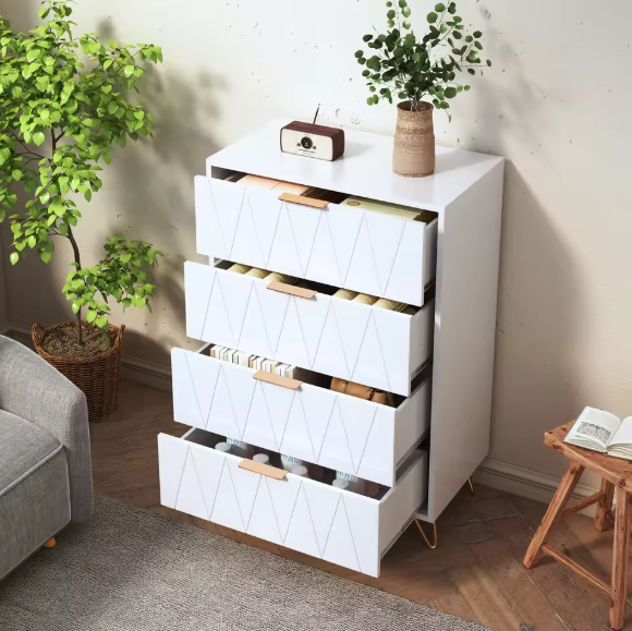 Moderne Ladekast met 4–6 Lades – Witte Dressoir met Gouden Handgrepen & Metalen Poten