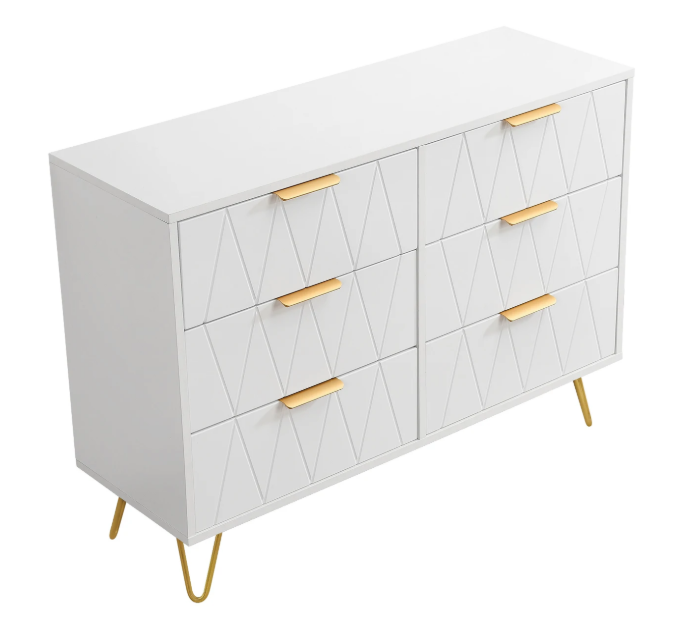 Moderne Ladekast met 4–6 Lades – Witte Dressoir met Gouden Handgrepen & Metalen Poten