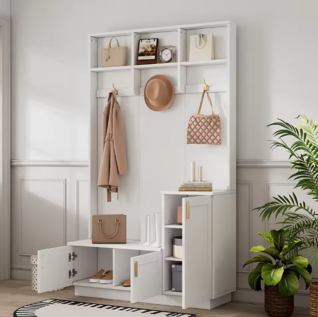 Witte Hal Kast met Bank, Schoenenrek & Open Kapstok 200×120×40 cm