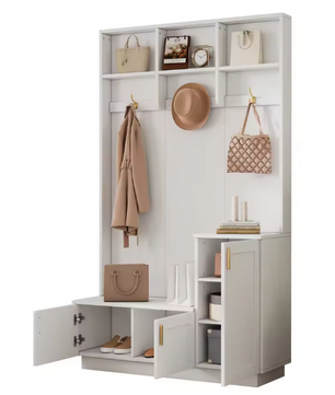 Witte Hal Kast met Bank, Schoenenrek & Open Kapstok 200×120×40 cm