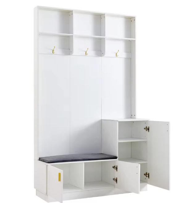 Witte Hal Kast met Bank, Schoenenrek & Open Kapstok 200×120×40 cm