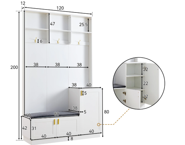 Witte Hal Kast met Bank, Schoenenrek & Open Kapstok 200×120×40 cm