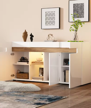 Dressoir met LED Verlichting – Witte Opbergkast met App-Control 140×40×70 cm