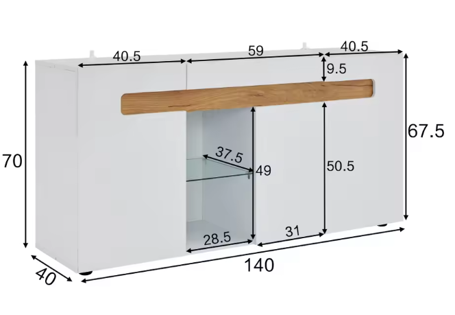 Dressoir met LED Verlichting – Witte Opbergkast met App-Control 140×40×70 cm