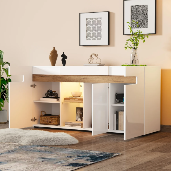 Dressoir met LED Verlichting – Witte Opbergkast met App-Control 140×40×70 cm