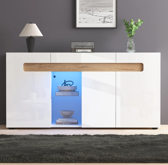 Dressoir met LED Verlichting – Witte Opbergkast met App-Control 140×40×70 cm
