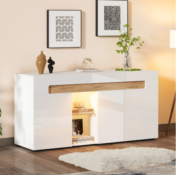 Dressoir met LED Verlichting – Witte Opbergkast met App-Control 140×40×70 cm
