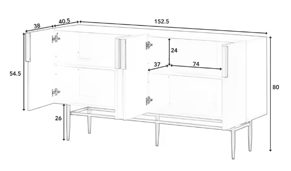 Moderne Zwarte Dressoirkast – 4-Deurs Opbergkast met Gouden Handgrepen & Metalen Poten, 152×40,5×80 cm