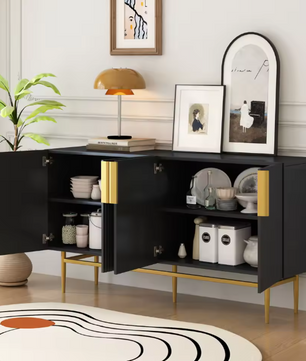 Moderne Zwarte Dressoirkast – 4-Deurs Opbergkast met Gouden Handgrepen & Metalen Poten, 152×40,5×80 cm