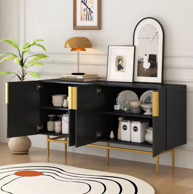 Moderne Zwarte Dressoirkast – 4-Deurs Opbergkast met Gouden Handgrepen & Metalen Poten, 152×40,5×80 cm