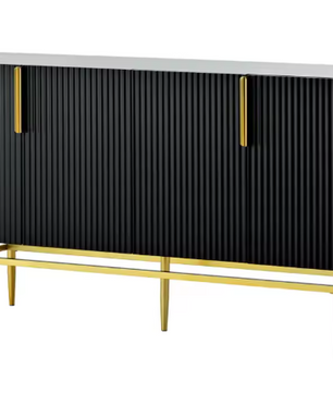 Moderne Zwarte Dressoirkast – 4-Deurs Opbergkast met Gouden Handgrepen & Metalen Poten, 152×40,5×80 cm