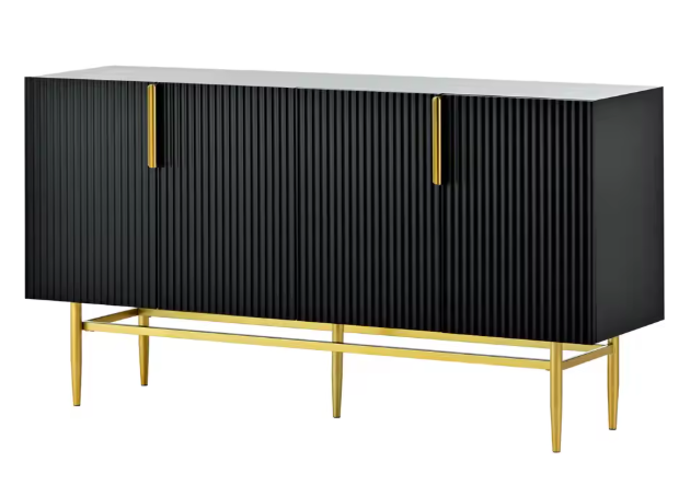 Moderne Zwarte Dressoirkast – 4-Deurs Opbergkast met Gouden Handgrepen & Metalen Poten, 152×40,5×80 cm