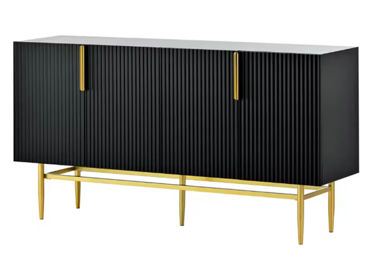 Moderne Zwarte Dressoirkast – 4-Deurs Opbergkast met Gouden Handgrepen & Metalen Poten, 152×40,5×80 cm
