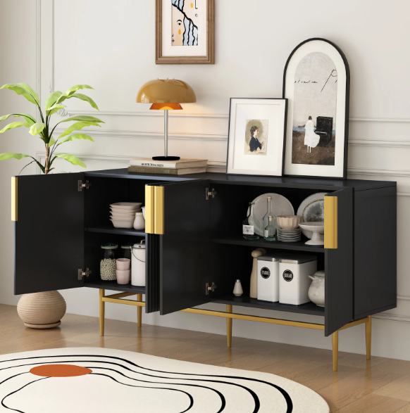 Moderne Zwarte Dressoirkast – 4-Deurs Opbergkast met Gouden Handgrepen & Metalen Poten, 152×40,5×80 cm