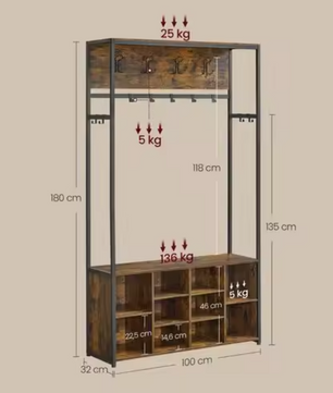 Industriële Kapstokkast met Schoenenrek – Houten Opbergkast & Bank 180 cm