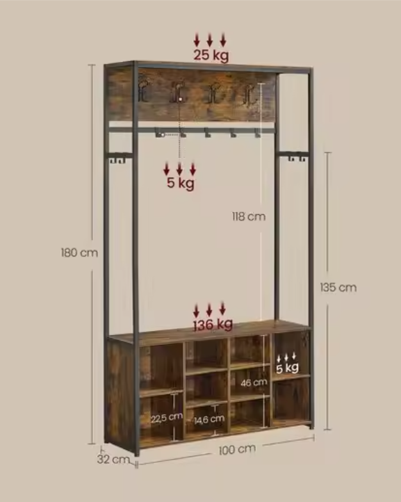 Industriële Kapstokkast met Schoenenrek – Houten Opbergkast & Bank 180 cm