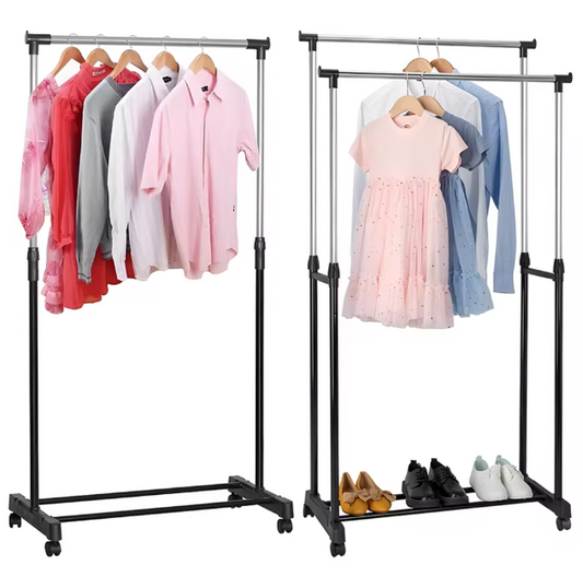 Verstelbaar Kledingrek op Wielen – Dubbele Stang & Legplank 75×42×150 cm