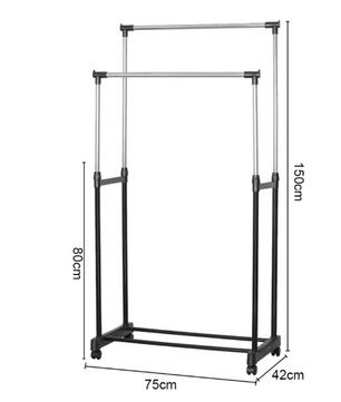 Verstelbaar Kledingrek op Wielen – Dubbele Stang & Legplank 75×42×150 cm