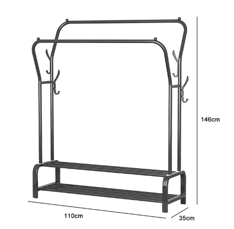 Dubbel Kledingrek met Schoenenrek – Staand Opbergrek 146×110×35 cm