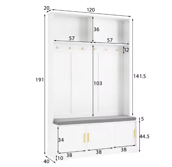 Kapstok met Schoenenbank – Garderoberek met 6 Haken & Zitbank, 120×40×191 cm