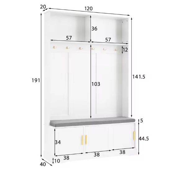 Kapstok met Schoenenbank – Garderoberek met 6 Haken & Zitbank, 120×40×191 cm
